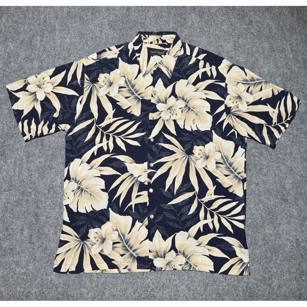 Tori Richard Shirt Men L Blue Button Up Short Sleeve Floral Cotton Beach Viscose